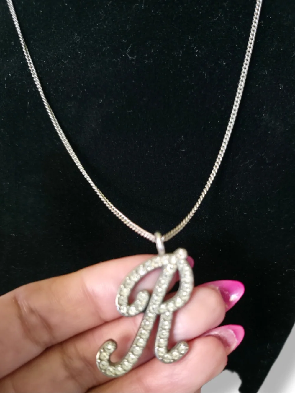 Silver Initial 'R' Rhinestone Pendant Necklace - Picture 2 of 3